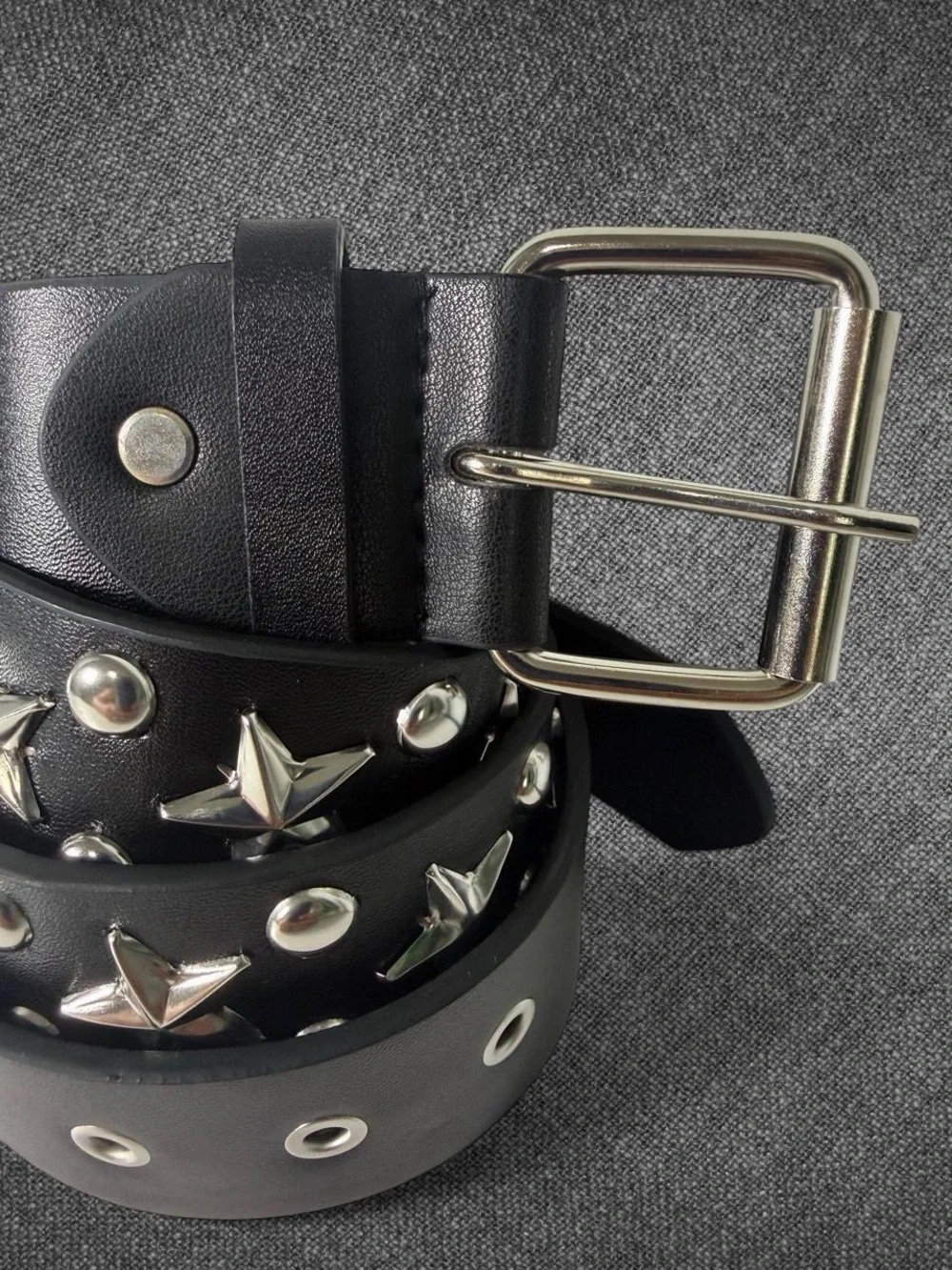 Black Leather-Look Star Studded Wide Belt Silver Buckle Punk Y2K 45 Inch